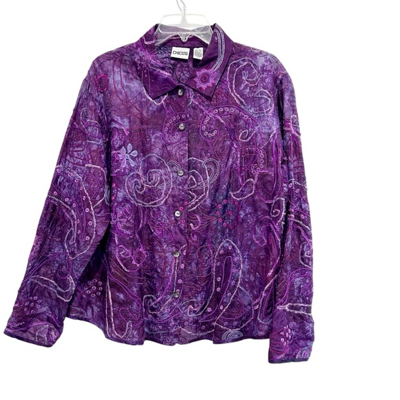 Chico's 100% Silk Purple Blouse Size 3 or Large Button Up Colorful Artsy - Picture 1 of 3